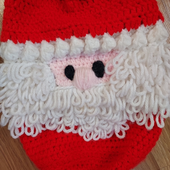 Vintage Handmade Crochet Knit Santa Face Purse Bag Sack Pom Pom Drawstring Red - Picture 2 of 8